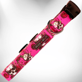 Tattoo Dog Collars (Color: Pink Skulls n' Roses, size: L 1" width fits 14-25" neck)