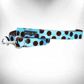 Polka Dot Dog Leads (Color: Brown Dot on Lt Blue, size: THIN Lead 5/8" width- 5' length)