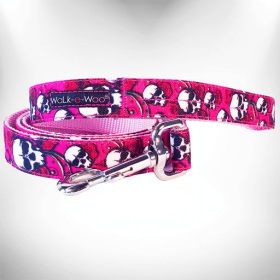 Tattoo Dog Leads (Color: Pink Skulls n' Roses, size: THIN Lead 5/8" width- 5' length)