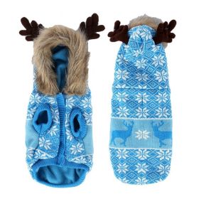 Pet Clothes Thickened Fur Collar Hat Christmas Antlers Snowflake Warm Pet Clothes (Color: Blue, size: XL)