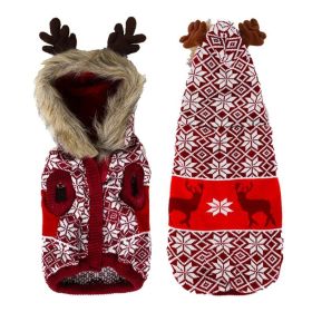 Pet Clothes Thickened Fur Collar Hat Christmas Antlers Snowflake Warm Pet Clothes (Color: Red, size: L)