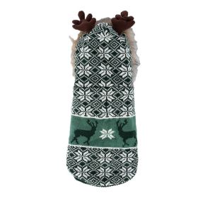 Pet Clothes Thickened Fur Collar Hat Christmas Antlers Snowflake Warm Pet Clothes (Color: green, size: S)